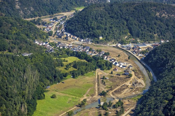 Aerial view, flood area on the river Ahr with Ahr bridge in the district of Brück, Ahrbrück, Ahr valley, Rhineland-Palatinate, Germany, Ahr flood, DE, Europe, flood disaster, flood disaster, flood of the century, St Catherine's Chapel on the rock, aerial view, aerial photography, aerial photography, overview, bird's eye view, forest area, birds-eyes view, overview, flooding, flooding, flood area