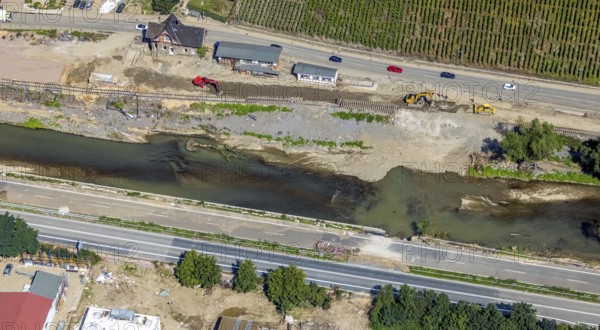 Aerial view, flood area at the river Ahr and railway track works at Heimersheim station, Bad Neuenahr-Ahrweiler, Ahr flood, Ahr valley, Rhineland-Palatinate, Germany, railway tracks, station, construction works, construction area, construction site, construction project, construction site, DE, Deutsche Bahn AG, Europe, flood of the century, aerial view, aerial photography, aerial photography, overview, bird's-eye view, birds-eyes view, overview