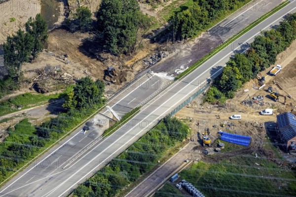 Aerial view, flood area and renovation work on a street in Bad Neuenahr-Ahrweiler, Ahr flood, Ahr valley, Rhineland-Palatinate, Germany, Bad Neuenahr-Ahrweiler, construction work, construction area, construction site, construction measure, construction site, DE, Europe, century flood, aerial photograph, aerial photography, aerial photography, overview, bird's-eye view, birds-eyes view, overview