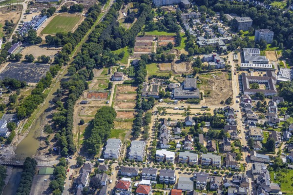 Aerial view, flood area at the river Ahr with destroyed HTC Bad Neuenahr tennis centre and TWIN indoor swimming pool and leisure pool in Bad Neuenahr, Bad Neuenahr-Ahrweiler, Ahr flood, Ahr valley, Rhineland-Palatinate, Germany, DE, Europe, leisure pool, indoor swimming pool, hockey and tennis club Bad Neuenahr, flood of the century, aerial view, aerial photography, aerial photography, swimming pool, sports, tennis, tennis centre, tennis courts, overview, bird's-eye view, overview