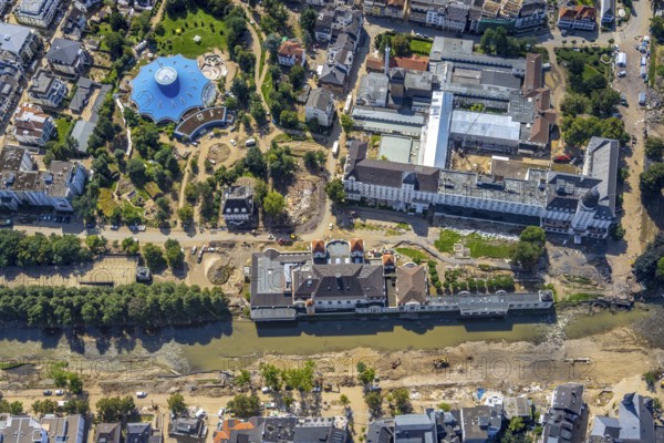Aerial view, flood area at the river Ahr with spa hotel Bad Neuenahr and Steigenberger Hotel and Ahr-Thermen in Bad Neuenahr-Ahrweiler, Ahr valley, Rhineland-Palatinate, Germany, Ahr flood, Bad Neuenahr-Ahrweiler, DE, Europe, flood disaster, gastronomy, flood disaster, hotel, hotel facilities, hotel industry, flood of the century, spa hotel, aerial view, aerial photography, aerial photography, overview, bird's-eye view, overview, flooding, flooding, flooding area