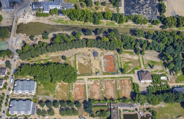 Aerial view, flood area at the river Ahr with destroyed HTC Bad Neuenahr tennis facility in Bad Neuenahr, Bad Neuenahr-Ahrweiler, Ahr flood, Ahr valley, Rhineland-Palatinate, Germany, DE, Europe, indoor swimming pool, hockey and tennis club Bad Neuenahr, flood of the century, aerial view, aerial photography, aerial photography, sports, tennis, tennis facility, tennis courts, overview, bird's-eye view, overview