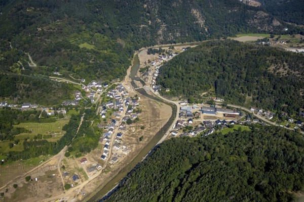 Aerial view, flood area on the river Ahr with Ahr bridge in the district of Brück, Ahrbrück, Ahr valley, Rhineland-Palatinate, Germany, Ahr flood, DE, Europe, flood disaster, flood disaster, flood of the century, St Catherine's Chapel on the rock, aerial view, aerial photography, aerial photography, overview, bird's eye view, forest area, birds-eyes view, overview, flooding, flooding, flood area