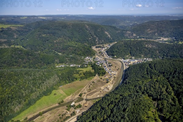 Aerial view, flood area on the river Ahr with Ahr bridge in the district of Brück, Ahrbrück, Ahr valley, Rhineland-Palatinate, Germany, Ahr flood, DE, Europe, flood disaster, flood disaster, flood of the century, St Catherine's Chapel on the rock, aerial view, aerial photography, aerial photography, overview, bird's eye view, forest area, birds-eyes view, overview, flooding, flooding, flood area