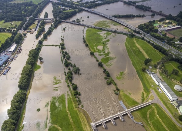 Aerial photograph, Ruhr floods, floods at the Styrum waterworks, Raffelberg lock, Styrum - South, Mülheim an der Ruhr, Ruhr area, North Rhine-Westphalia, Germany, DE, Europe, birds-eyes view, aerial photograph, aerial photography, aerial photography, overview, overview, bird's eye view, floods, floods of the century