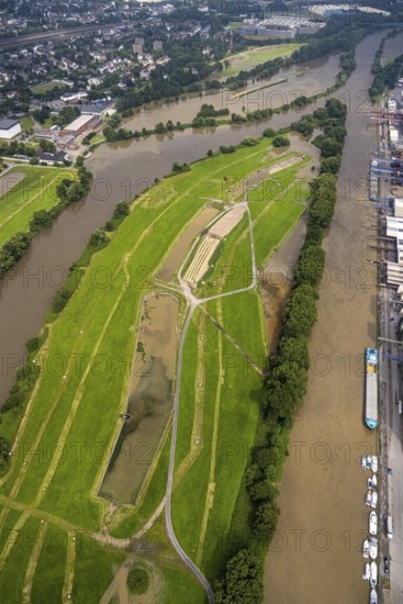 Aerial photo, Ruhr flood, flooding, Speldorf, Mülheim an der Ruhr, Ruhr area, North Rhine-Westphalia, Germany, DE, Europe, birds-eyes view, aerial photo, aerial photography, aerial photography, overview, bird's eye view, floods, floods of the century