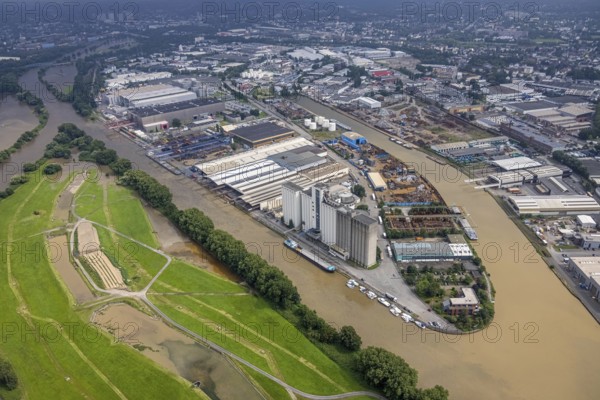 Aerial photo, Ruhr flood, flooding, Mülheim harbour, shipping canal, Speldorf, Mülheim an der Ruhr, Ruhr area, North Rhine-Westphalia, Germany, DE, Europe, birds-eyes view, aerial photo, aerial photography, aerial photography, overview, bird's eye view, floods, flood of the century