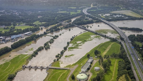 Aerial photograph, Ruhr floods, floods at the Styrum waterworks, Raffelberg lock, Styrum - South, Mülheim an der Ruhr, Ruhr area, North Rhine-Westphalia, Germany, DE, Europe, birds-eyes view, aerial photograph, aerial photography, aerial photography, overview, overview, bird's eye view, floods, floods of the century