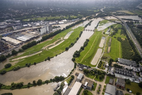 Aerial photograph, Ruhr floods, floods at the Styrum waterworks, Styrum - South, Mülheim an der Ruhr, Ruhr area, North Rhine-Westphalia, Germany, DE, Europe, birds-eyes view, aerial photograph, aerial photography, aerial photography, overview, bird's eye view, floods, floods of the century
