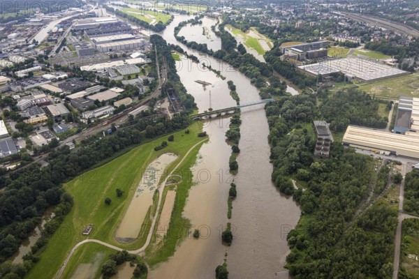 Aerial view, Ruhr floods, flooding, Altstadt II, Mülheim an der Ruhr, Ruhr area, North Rhine-Westphalia, Germany, DE, Europe, birds-eyes view, aerial photography, aerial photography, overview, bird's eye view, floods, floods of the century