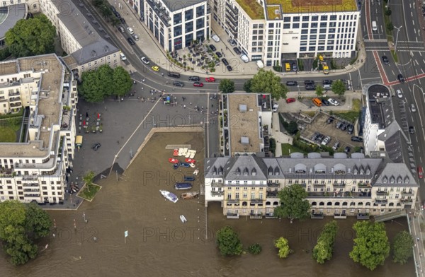 Aerial photo, Ruhr flood, flooding, Ruhrbania with flooding in the old town I, Mülheim an der Ruhr, Ruhr area, North Rhine-Westphalia, Germany, DE, Europe, birds-eyes view, aerial photo, aerial photography, aerial photography, overview, overview, bird's eye view, floods, floods of the century