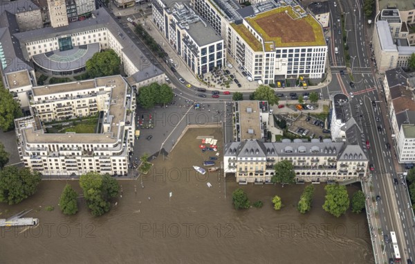 Aerial photo, Ruhr flood, flooding, Ruhrbania with flooding in the old town I, Mülheim an der Ruhr, Ruhr area, North Rhine-Westphalia, Germany, DE, Europe, birds-eyes view, aerial photo, aerial photography, aerial photography, overview, overview, bird's eye view, floods, floods of the century