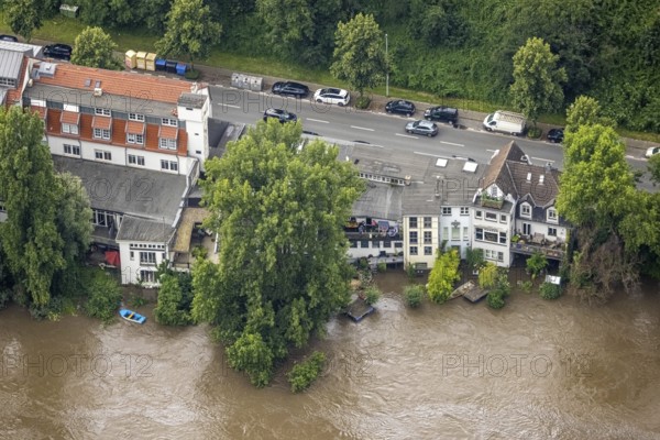 Aerial photograph, Ruhr flood, flooding, Altstadt I - Southwest, Mülheim an der Ruhr, Ruhr area, North Rhine-Westphalia, Germany, DE, Europe, birds-eyes view, aerial photograph, aerial photography, aerial photography, overview, bird's eye view, floods, floods of the century