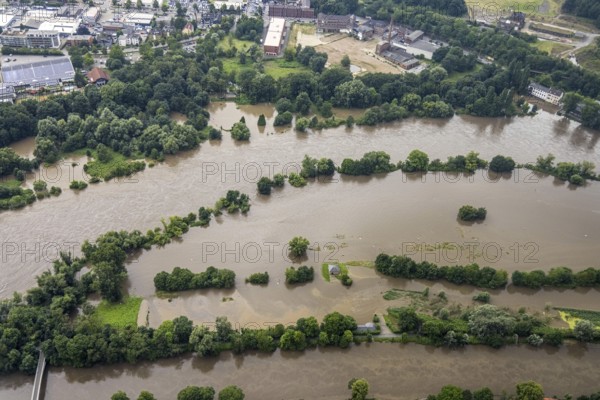 Aerial photograph, Ruhr flood, flooding, Altstadt I - Southwest, Mülheim an der Ruhr, Ruhr area, North Rhine-Westphalia, Germany, DE, Europe, birds-eyes view, aerial photograph, aerial photography, aerial photography, overview, bird's eye view, floods, floods of the century