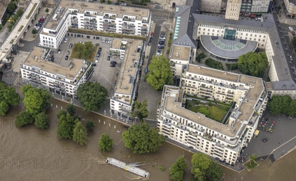 Aerial photo, Ruhr flood, flooding, Ruhrbania with flooding in the old town I, Mülheim an der Ruhr, Ruhr area, North Rhine-Westphalia, Germany, DE, Europe, birds-eyes view, aerial photo, aerial photography, aerial photography, overview, overview, bird's eye view, floods, floods of the century