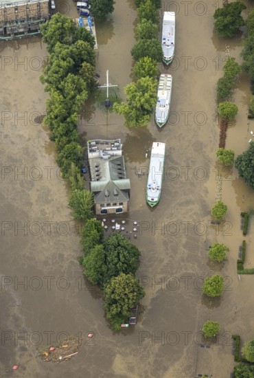 Aerial view, Ruhr flood, flooding, Haus Ruhrnatur, Weiße Flotte Mülheim an der Ruhr (Ruhrschifffahrt), Altstadt I - Südwest, Mülheim an der Ruhr, Ruhr area, North Rhine-Westphalia, Germany, DE, Europe, birds-eyes view, aerial view, aerial photography, aerial photography, overview, bird's eye view, floods, floods of the century