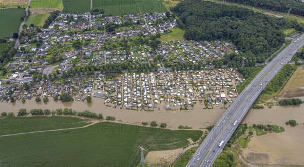 Aerial photo, Ruhr flood, flooded campsite CampingClub Garenfeld Ruhrbogen e.v, Westhofen, Schwerte, Ruhr area, North Rhine-Westphalia, Germany, Hagen, DE, Europe, birds-eyes view, aerial photography, aerial photography, overview, bird's eye view