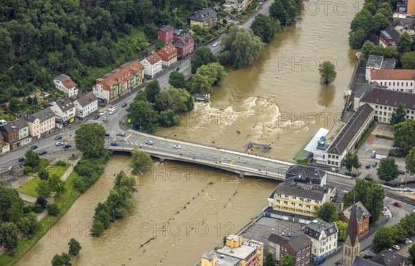 Aerial photo, Lennehochwasser, Hohenlimburg, Hagen, Ruhr area, North Rhine-Westphalia, Germany, DE, Europe, birds-eyes view, aerial photography, aerial photography, overview, overview, bird's eye view