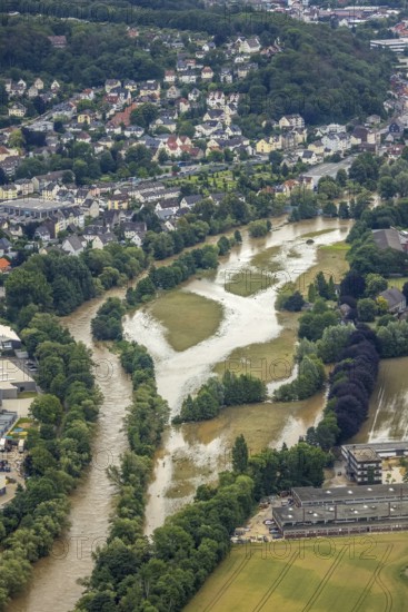 Aerial photo, Lennnehochwasser, Lennetal, Hagen, Ruhr area, North Rhine-Westphalia, Germany, DE, Europe, birds-eyes view, aerial photography, aerial photography, overview, overview, bird's eye view