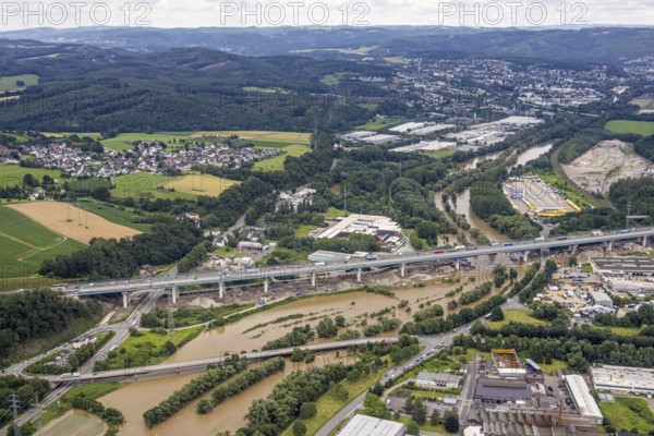 Aerial photo, Lennnehochwasser, Lennetal, Hagen, Ruhr area, North Rhine-Westphalia, Germany, DE, Europe, birds-eyes view, aerial photography, aerial photography, overview, overview, bird's eye view