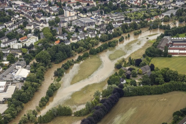Aerial photo, Lennehochwasser, Hohenlimburg, Hagen, Ruhr area, North Rhine-Westphalia, Germany, DE, Europe, birds-eyes view, aerial photography, aerial photography, overview, overview, bird's eye view