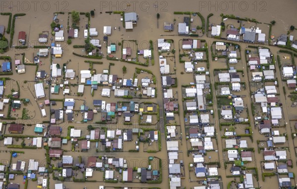 Aerial photo, Ruhr flood, flooded campsite CampingClub Garenfeld Ruhrbogen e.v, Westhofen, Schwerte, Ruhr area, North Rhine-Westphalia, Germany, Hagen, DE, Europe, birds-eyes view, aerial photography, aerial photography, overview, bird's eye view
