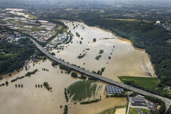 Aerial photo, Ruhr flood, flooding, Stiepel, city limits Bochum Hattingen, Ruhr area, North Rhine-Westphalia, Germany, Bochum, DE, Europe, birds-eyes view, aerial photo, aerial photography, aerial photography, overview, overview, bird's eye view, flood, flood of the century