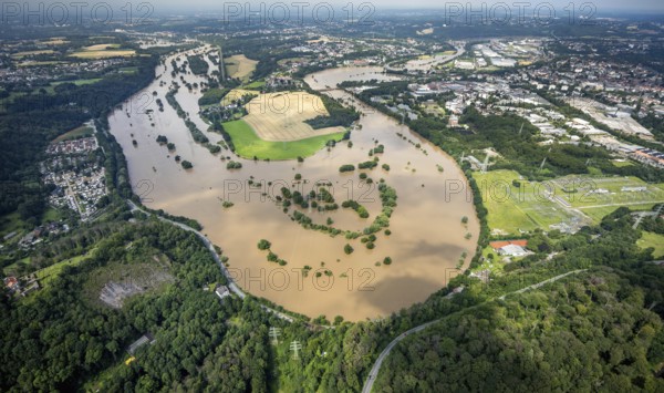 Aerial photo, Ruhr flood, flooding, Ruhrschleife Isenbergstraße, Hattingen, Ruhr area, North Rhine-Westphalia, Germany, DE, Europe, birds-eyes view, aerial photo, aerial photography, aerial photography, overview, overview, bird's eye view, flood, flood of the century