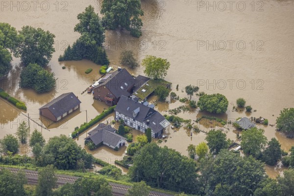 Aerial photo, Ruhr flood, flooding, Winz, Hattingen, Ruhr area, North Rhine-Westphalia, Germany, DE, Europe, birds-eyes view, aerial photo, aerial photography, aerial photography, overview, overview, bird's eye view, flood, century flood