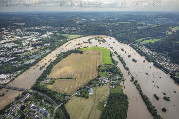 Aerial photo, Ruhr flood, flooding, Ruhrschleife Isenbergstraße, Hattingen, Ruhr area, North Rhine-Westphalia, Germany, DE, Europe, birds-eyes view, aerial photo, aerial photography, aerial photography, overview, overview, bird's eye view, flood, flood of the century