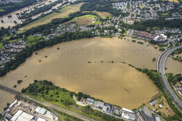 Aerial photo, Ruhr flood, flooding, Hattingen, Ruhr area, North Rhine-Westphalia, Germany, DE, Europe, birds-eyes view, aerial photo, aerial photography, aerial photography, overview, bird's eye view, flood, flood of the century