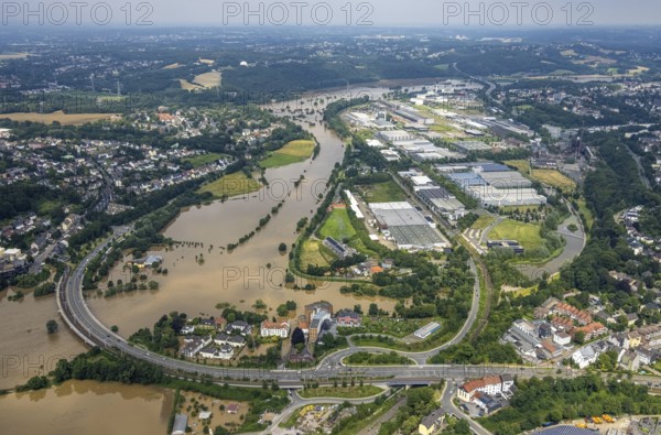 Aerial photo, Ruhr flood, flooding, Ruhr bridge Bochumer Straße, Hattingen, Ruhr area, North Rhine-Westphalia, Germany, DE, Europe, birds-eyes view, aerial photo, aerial photography, aerial photography, overview, bird's eye view, flood, flood of the century