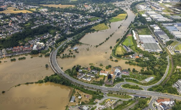 Aerial photo, Ruhr flood, flooding, Ruhr bridge Bochumer Straße, Hattingen, Ruhr area, North Rhine-Westphalia, Germany, DE, Europe, birds-eyes view, aerial photo, aerial photography, aerial photography, overview, bird's eye view, flood, flood of the century