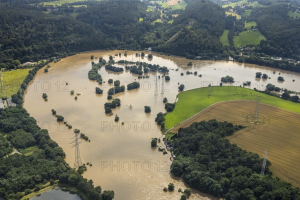 Aerial photo, Ruhr flood, flooding, Ruhrschleife Isenbergstraße, Hattingen, Ruhr area, North Rhine-Westphalia, Germany, DE, Europe, birds-eyes view, aerial photo, aerial photography, aerial photography, overview, overview, bird's eye view, flood, flood of the century