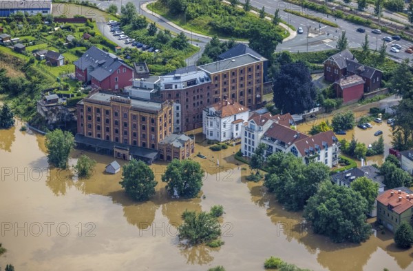 Aerial photo, Ruhr flood, flooding, Baak, Hattingen, Ruhr area, North Rhine-Westphalia, Germany, DE, Europe, birds-eyes view, aerial photo, aerial photography, aerial photography, overview, bird's eye view, flood, flood of the century
