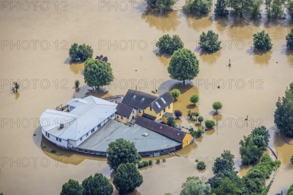 Aerial photo, Ruhr flood, flooding, camping site Ruhrbrücke in Hattingen, Baak, Hattingen, Ruhr area, North Rhine-Westphalia, Germany, DE, Europe, birds-eyes view, aerial photo, aerial photography, aerial photography, overview, overview, bird's eye view, flood, flood of the century