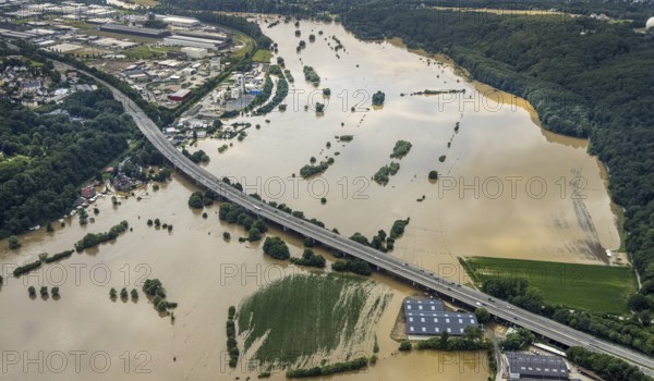 Aerial photo, Ruhr flood, flooding, Stiepel, city limits Bochum Hattingen, Ruhr area, North Rhine-Westphalia, Germany, Bochum, DE, Europe, birds-eyes view, aerial photo, aerial photography, aerial photography, overview, overview, bird's eye view, flood, flood of the century