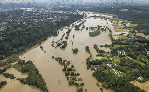 Aerial view, Ruhr floods, Ruhr between Bochum and Hattingen, flood, Blankenstein, Hattingen, Ruhr area, North Rhine-Westphalia, Germany, DE, Europe, birds-eyes view, aerial photograph, aerial photography, aerial photography, overview, bird's eye view, Ruhr floods, heavy rain, flood of the century