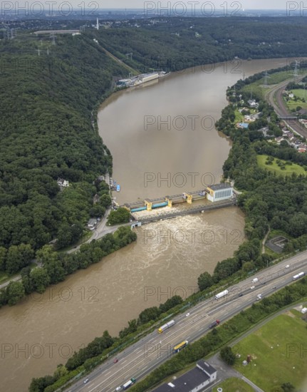 Aerial photo, Ruhr flood, barrage Hengsteysee, flooding, Herdecke, Boele, Hagen, Ruhr area, North Rhine-Westphalia, Germany, DE, Europe, birds-eyes view, aerial photo, aerial photography, aerial photography, overview, overview, bird's eye view, Ruhr flood, heavy rain, flood of the century