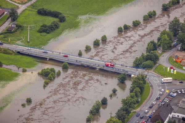 Aerial photo, Ruhr flood, flood after heavy rainfall, Wickede, Sauerland, North Rhine-Westphalia, Germany, DE, Europe, birds-eyes view, aerial photo, aerial photography, aerial photography, overview, bird's eye view, flood, Möhne, Möesee