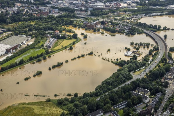 Aerial photo, Ruhr flood, flooding, camping site Ruhrbrücke in Hattingen, Baak, Hattingen, Ruhr area, North Rhine-Westphalia, Germany, DE, Europe, birds-eyes view, aerial photo, aerial photography, aerial photography, overview, overview, bird's eye view, flood, flood of the century