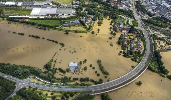 Aerial photo, Ruhr flood, flooding, Ruhr bridge Bochumer Straße, Hattingen, Ruhr area, North Rhine-Westphalia, Germany, DE, Europe, birds-eyes view, aerial photo, aerial photography, aerial photography, overview, bird's eye view, flood, flood of the century