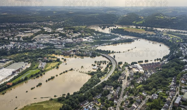 Aerial photo, Ruhr flood, flooding, Baak, Hattingen, Ruhr area, North Rhine-Westphalia, Germany, DE, Europe, birds-eyes view, aerial photo, aerial photography, aerial photography, overview, bird's eye view, flood, flood of the century