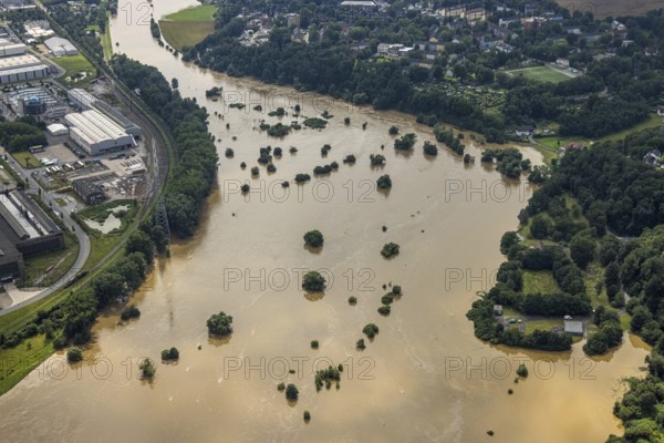 Aerial photo, Ruhr flood, flooding, Stiepel, city limits Bochum Hattingen, Ruhr area, North Rhine-Westphalia, Germany, Bochum, DE, Europe, birds-eyes view, aerial photo, aerial photography, aerial photography, overview, overview, bird's eye view, flood, flood of the century