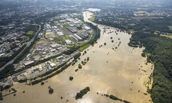 Aerial photo, Ruhr flood, flooding, Stiepel, city limits Bochum Hattingen, Ruhr area, North Rhine-Westphalia, Germany, Bochum, DE, Europe, birds-eyes view, aerial photo, aerial photography, aerial photography, overview, overview, bird's eye view, flood, flood of the century
