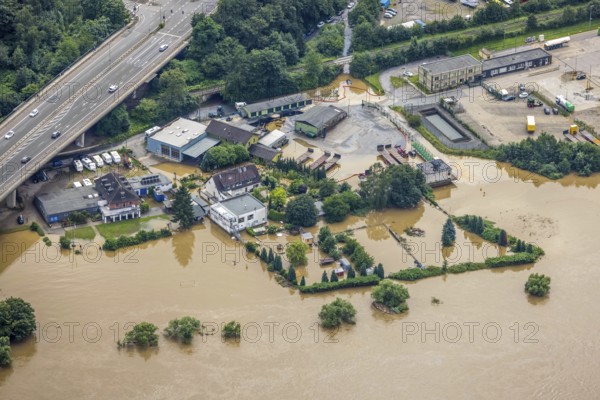 Aerial photo, Ruhr flood, flooding, Stiepel, city limits Bochum Hattingen, Ruhr area, North Rhine-Westphalia, Germany, Bochum, DE, Europe, birds-eyes view, aerial photo, aerial photography, aerial photography, overview, overview, bird's eye view, flood, flood of the century