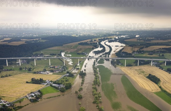 Aerial photo, Ruhr flood, flooding, A52 motorway bridge, Saarn, Mülheim an der Ruhr, Ruhr area, North Rhine-Westphalia, Germany, DE, Europe, birds-eyes view, aerial photo, aerial photography, aerial photography, overview, overview, bird's eye view, floods, floods of the century