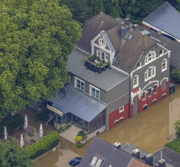 Aerial photo, Ruhr floods, floods at Laupendahler Landstraße in Essen-Werden, Werden, Essen, Ruhr area, North Rhine-Westphalia, Germany, DE, Europe, birds-eyes view, aerial photo, aerial photography, aerial photography, overview, overview, bird's eye view, flood, flood of the century, flooding