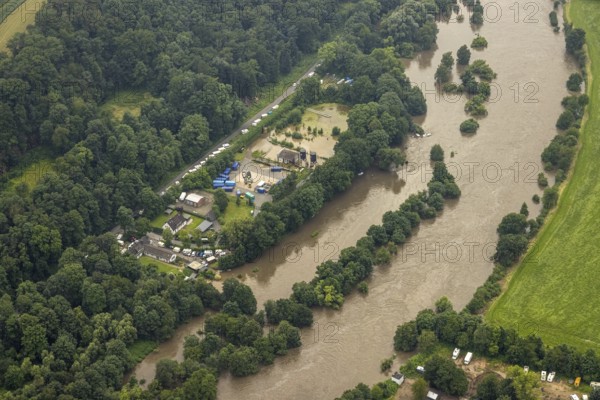 Aerial photo, Ruhr floods, floods at Laupendahler Landstraße in Essen-Werden, Werden, Essen, Ruhr area, North Rhine-Westphalia, Germany, DE, Europe, birds-eyes view, aerial photo, aerial photography, aerial photography, overview, overview, bird's eye view, flood, flood of the century, flooding