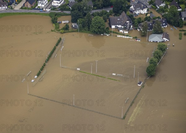 Aerial photo, Ruhr floods, flooding, DJK Blau-Weiß Mintard e.V., Kettwig, Essen, Ruhr area, North Rhine-Westphalia, Germany, DE, Europe, birds-eyes view, aerial photo, aerial photography, aerial photography, overview, overview, bird's eye view, floods, floods of the century